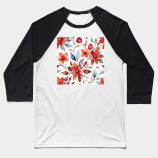 Red Flowers Light Blue Leaves Pattern on White Baseball T-Shirt